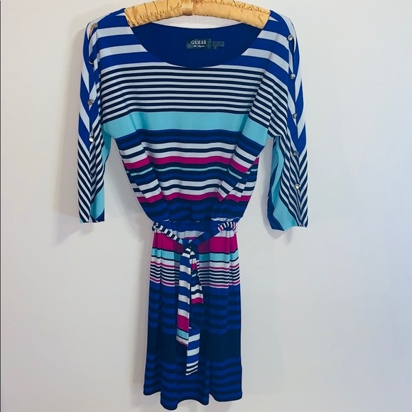 Guess | Blue Striped Open Button 3/4 Sleeves | Sash Waist MIDI Dress | Size 6 - Picture 3 of 9